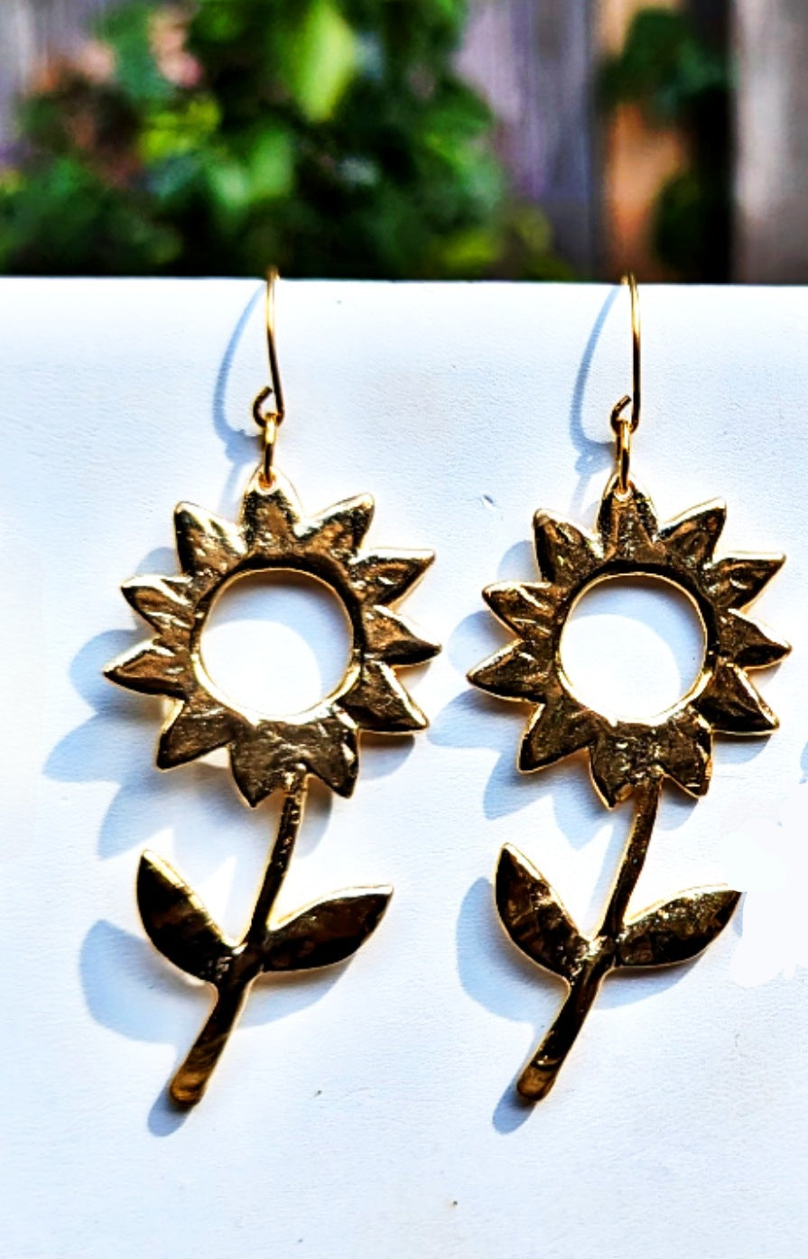 Beautiful Gold Plated Flower Designer Earrings 3 inch Long USA Made by Sugar Gay Isber unisex-adult