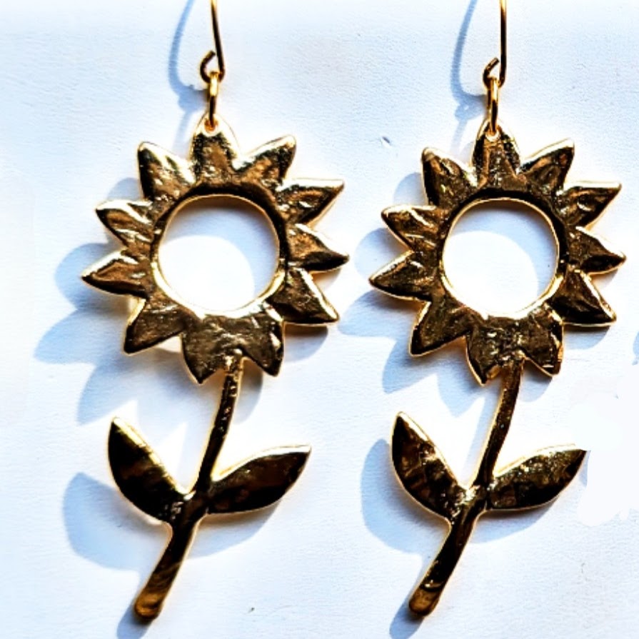 Beautiful Gold Plated Flower Designer Earrings 3 inch Long USA Made by Sugar Gay Isber unisex-adult