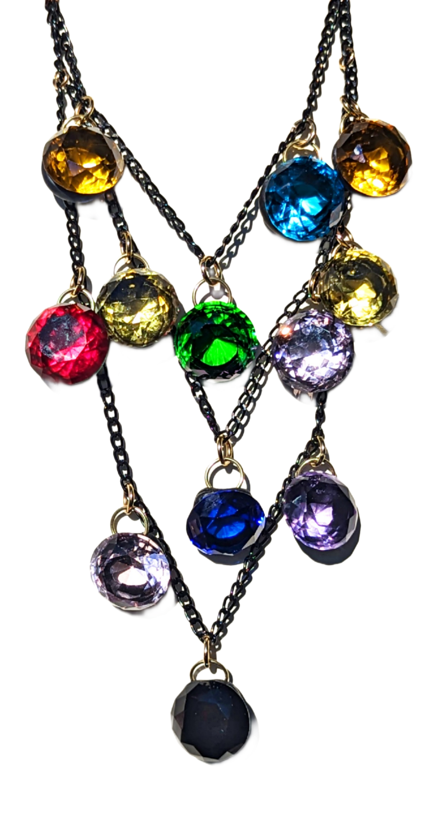 Necklace Multi Layered Colored Crystal Drops on Black Chain Handmade Sugar Gay Isber Stained Glass Inspired