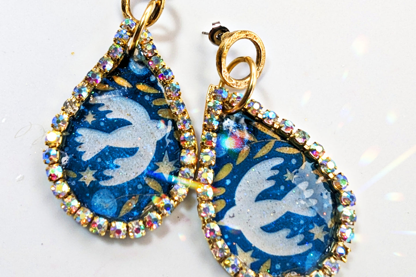 Beautiful Blue and Dove Sparkle Earrings Blue Gold Plated USA Made Sugar Gay Isber Free Shipping