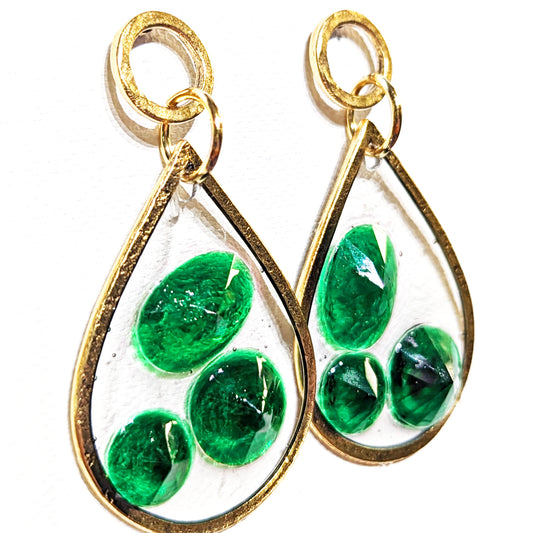 Stained Glass Inspired Emerald Green Circle Post Earrings Gold Plated USA Made Gay Isber 3 inches
