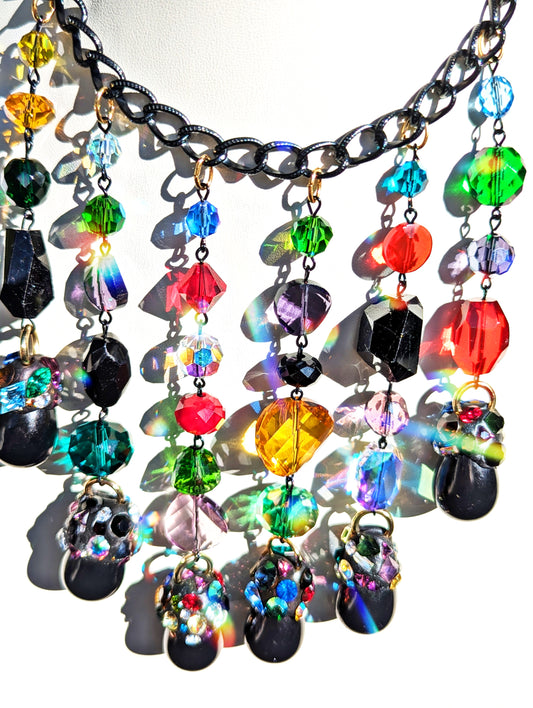 Necklace Earring Set Black Colorful Swarovski Drops on Black Adjustable Chain Handmade Sugar Gay Isber