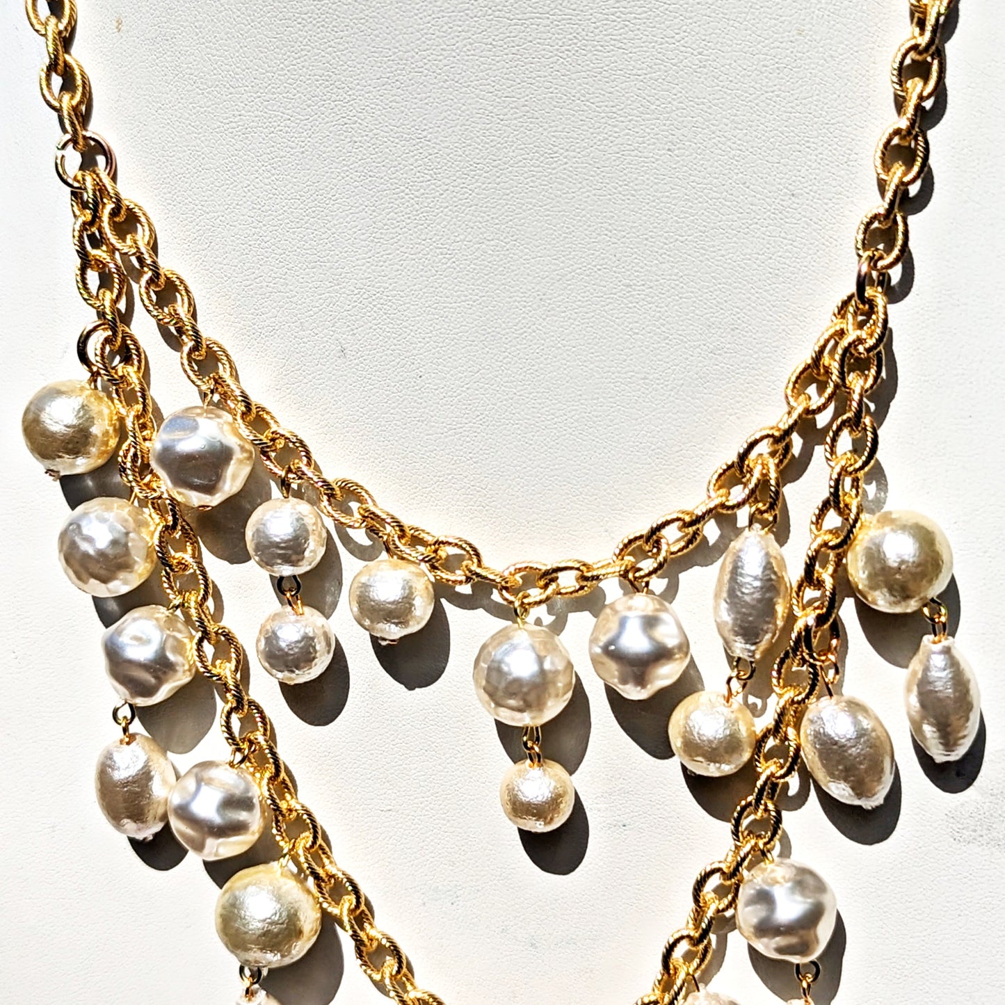 Handlinked Vintage 2 Strands Pearls Gold Textured chain 20 adjustable inches US Made Gold Lobster Claw Handmade Sugar Gay Isber