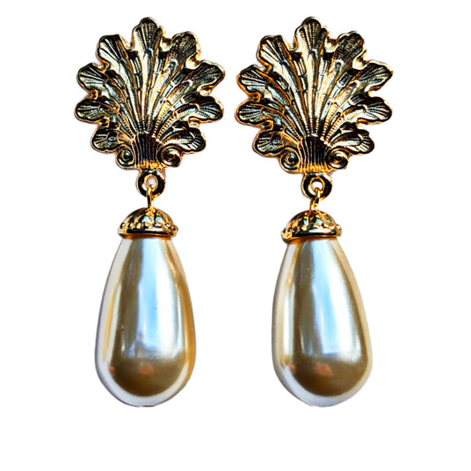 Gold Plated Shells with Vintage Japan Drop Pearls Post Earrings 2.5 inch Long USA Made by Sugar Gay Isber unisex-adult Bridal