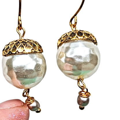 Gold Plated US made Acorn Caps on Vintage Pearls Earrings USA Made Hooks Sugar Gay Isber 1.75 inches