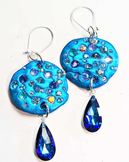 Round Blue Swarovski with Silver hooks Earrings USA made Gay Isber Free shipping 3 inches