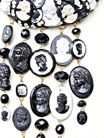 Vintage Black and White Cameo Statement Hand Made Necklace One-of-a-kind Sugar Gay Isber