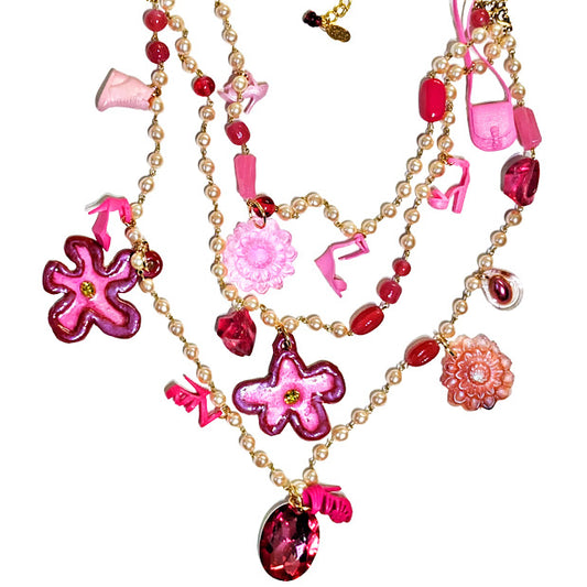 Barbie Shoe and Flower Power Hot Pink Necklace Pearls Vintage Sugar Gay Isber Multi-strand
