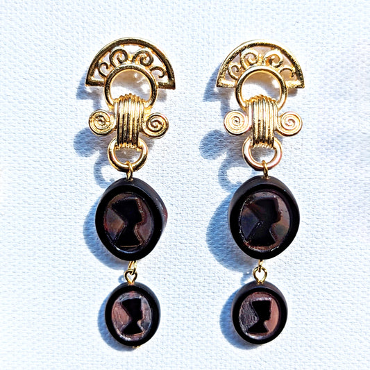 Roman Gold Plated Post Earrings with Vintage Nefertiti Glass Beads Earrings 2.5 inch Long USA Made by Sugar Gay Isber unisex-adult
