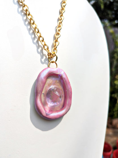 Pink Faceted Gem Soft Glowy Pink Necklace with Gold Plated AMAZING Chain Statement Sugar Gay Isber