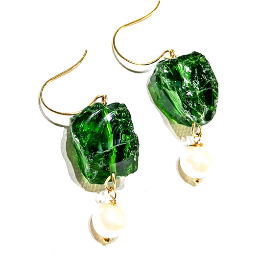 Emerald Green Rough Glass Nuggets with a Vintage Pearl Wiggle Adult Unisex Earrings USA made Gay Isber Free gift bag