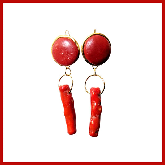 Modern Red Branch Coral Earrings Circle Wire Hook Gold Plated USA made Gay Isber Free