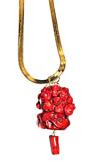 Red Coral Chunk with Hand Carved Red Coral Roses 30-inch gold chain by Gay Isber 1 of 1