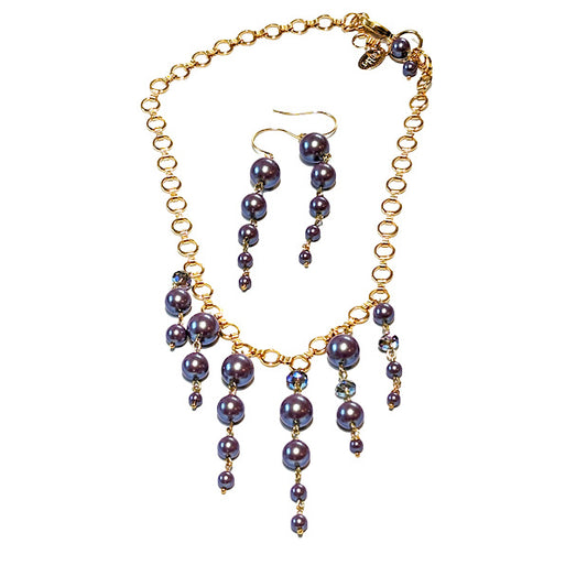 Necklace Earring Set Preciosa Czech Pearls Purple Violet Pearlescent Shimmer 24k Gold Adjustable Chain Handmade Sugar Gay Isber Adjustable