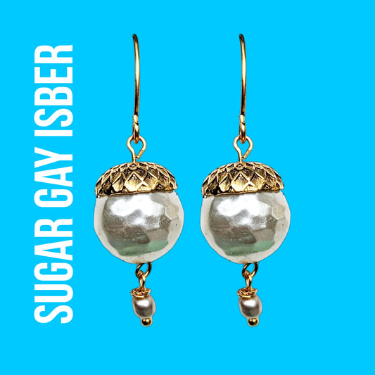 Gold Plated US made Acorn Caps on Vintage Pearls Earrings USA Made Hooks Sugar Gay Isber 1.75 inches