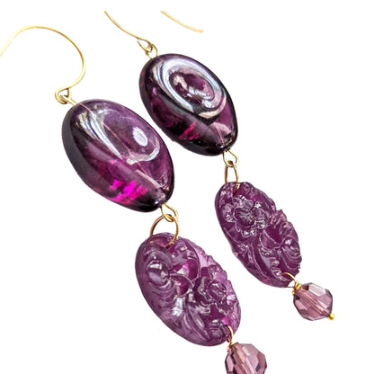 Purple Handmade Vintage Beads Swarovski Drop Earrings USA made Gay Isber Free shipping 3.5 inches