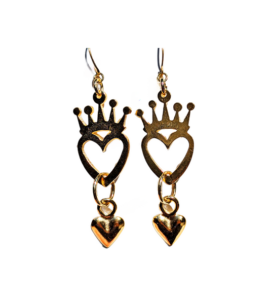 Beautiful Gold Plated Heart and Crown Designer Earrings 3.7 inch Long USA Made by Sugar Gay Isber unisex-adult