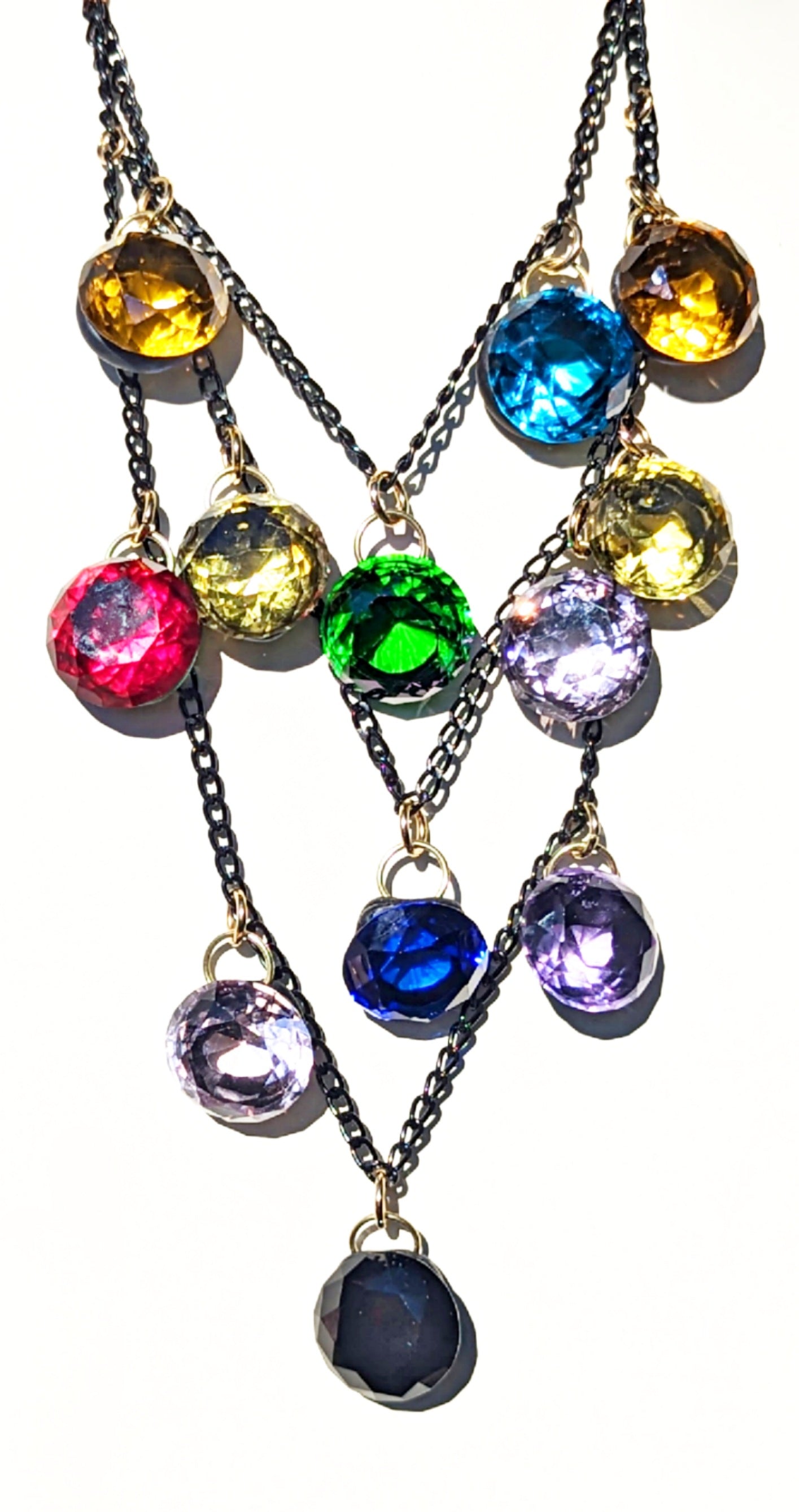 Necklace Multi Layered Colored Crystal Drops on Black Chain Handmade Sugar Gay Isber Stained Glass Inspired