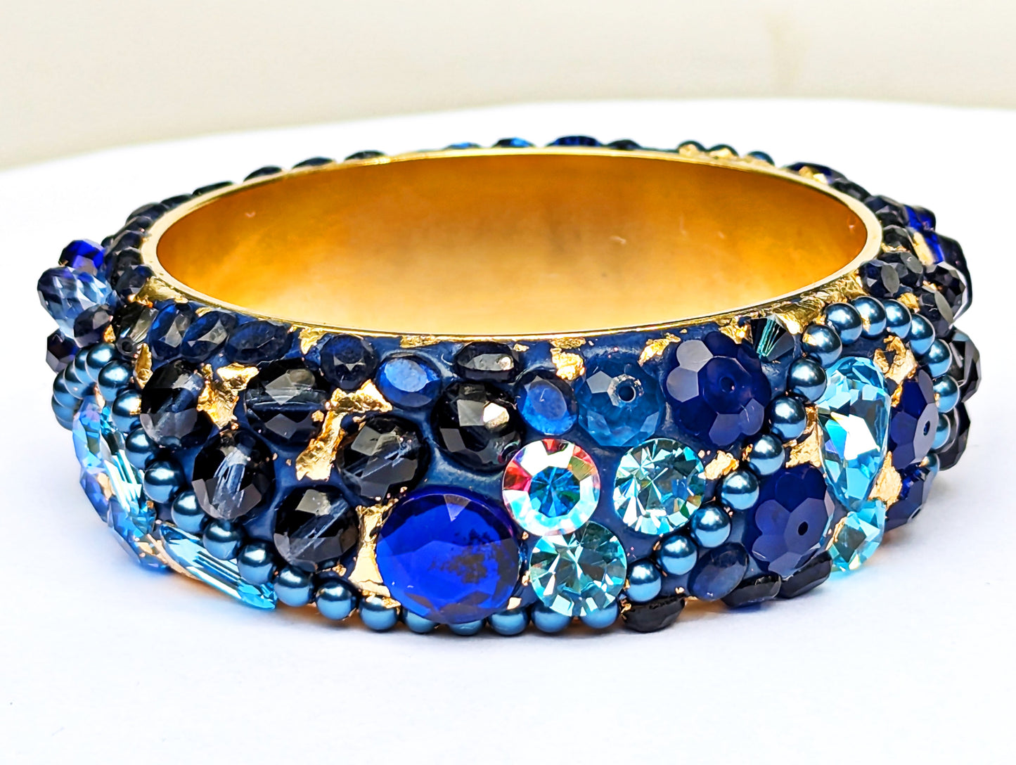 Blue and Gold Bangle Bracelet Hand Made Vintage beads one of one Sugar Gay Isber USA