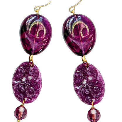 Purple Handmade Vintage Beads Swarovski Drop Earrings USA made Gay Isber Free shipping 3.5 inches
