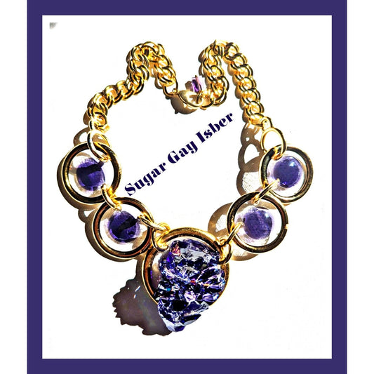 Deep Grape Purple and Gold Statement Necklace Chunk of CZ Artisan Handmade Swarovski Stones Sugar Gay Isber