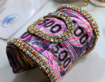 Monopoly Money Inspired WOW Sparkly Large Cuff Bracelet Pink Sugar Gay Isber US Made