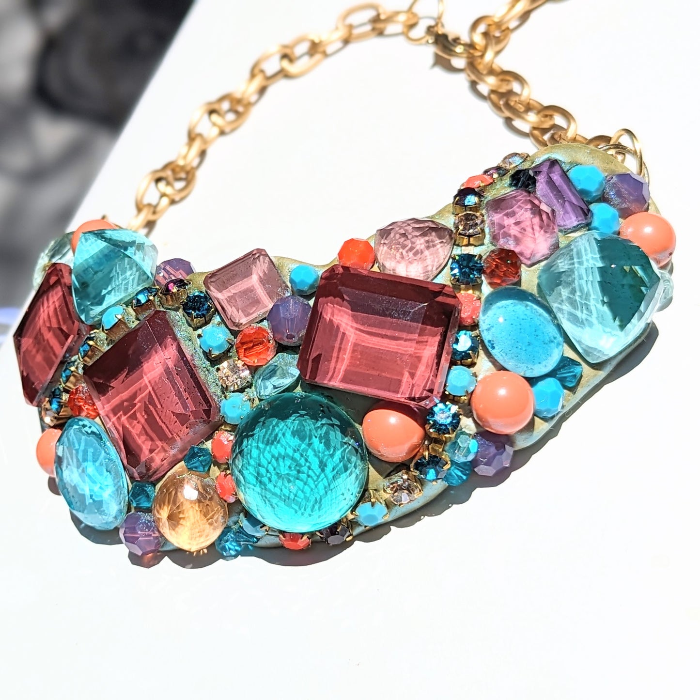 Lab Created Giant Faceted Color Changing Alexandrites Aqua Coral Swarovski Collar Statement Necklace Artisan USA Sugar Gay Isber 1 of 1