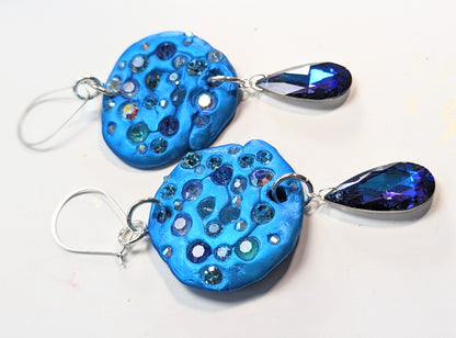 Round Blue Swarovski with Silver hooks Earrings USA made Gay Isber Free shipping 3 inches