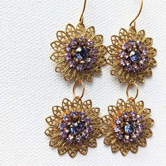 Beautiful Gold Plated Purple Swarovski Earrings US Made Sugar Gay Isber 2.5 inches