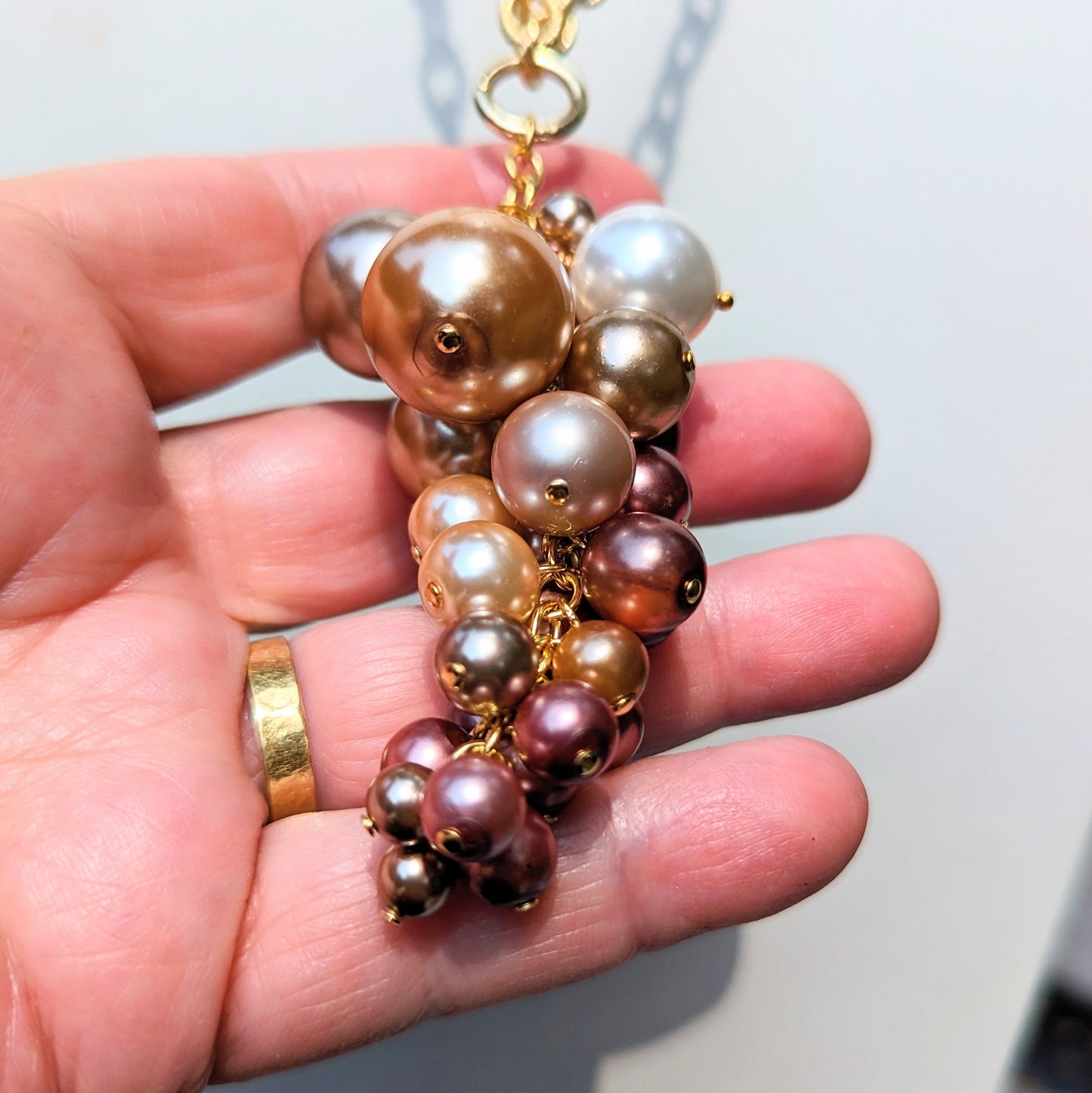 Rose Gold Pinks and Cream Grape Pearl Cluster on a Gold Plated AMAZING Textured Vintage Chain Unisex Statement Sugar Gay Isber