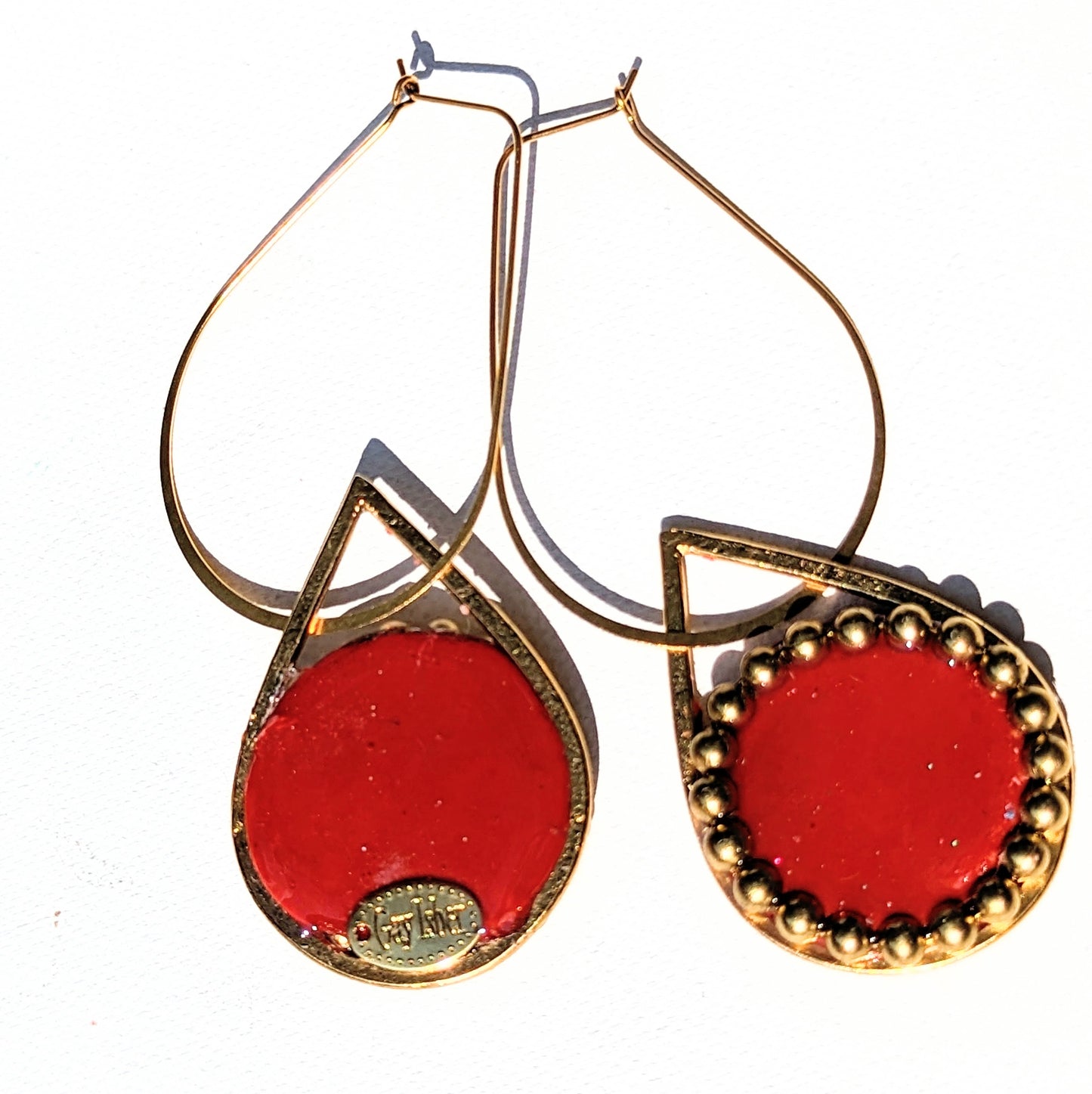 Red Faceted Glass Earrings Circle Post Gold Plated USA made Gay Isber As seen in AC Magazinehipping