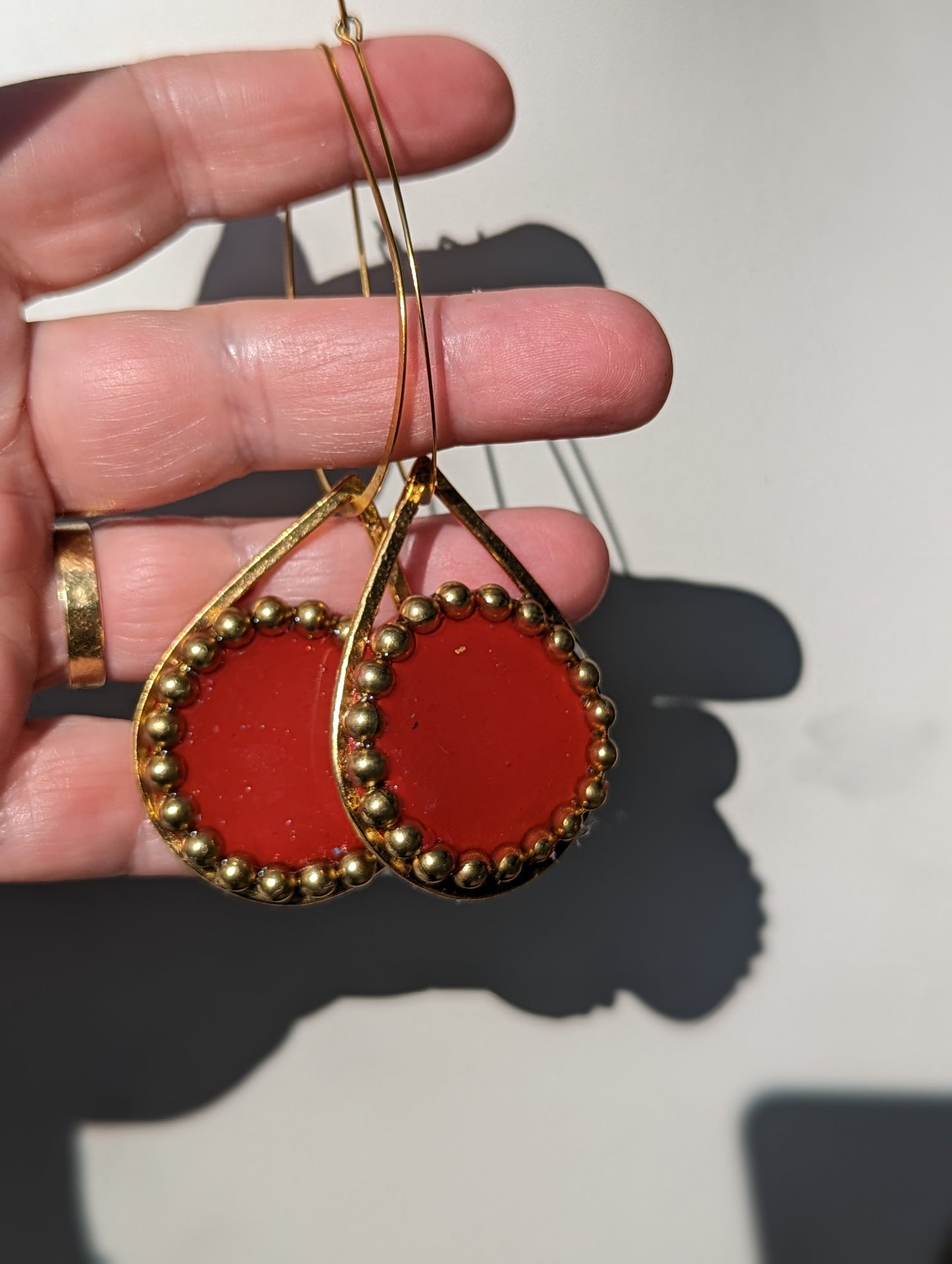 Red Faceted Glass Earrings Circle Post Gold Plated USA made Gay Isber As seen in AC Magazinehipping