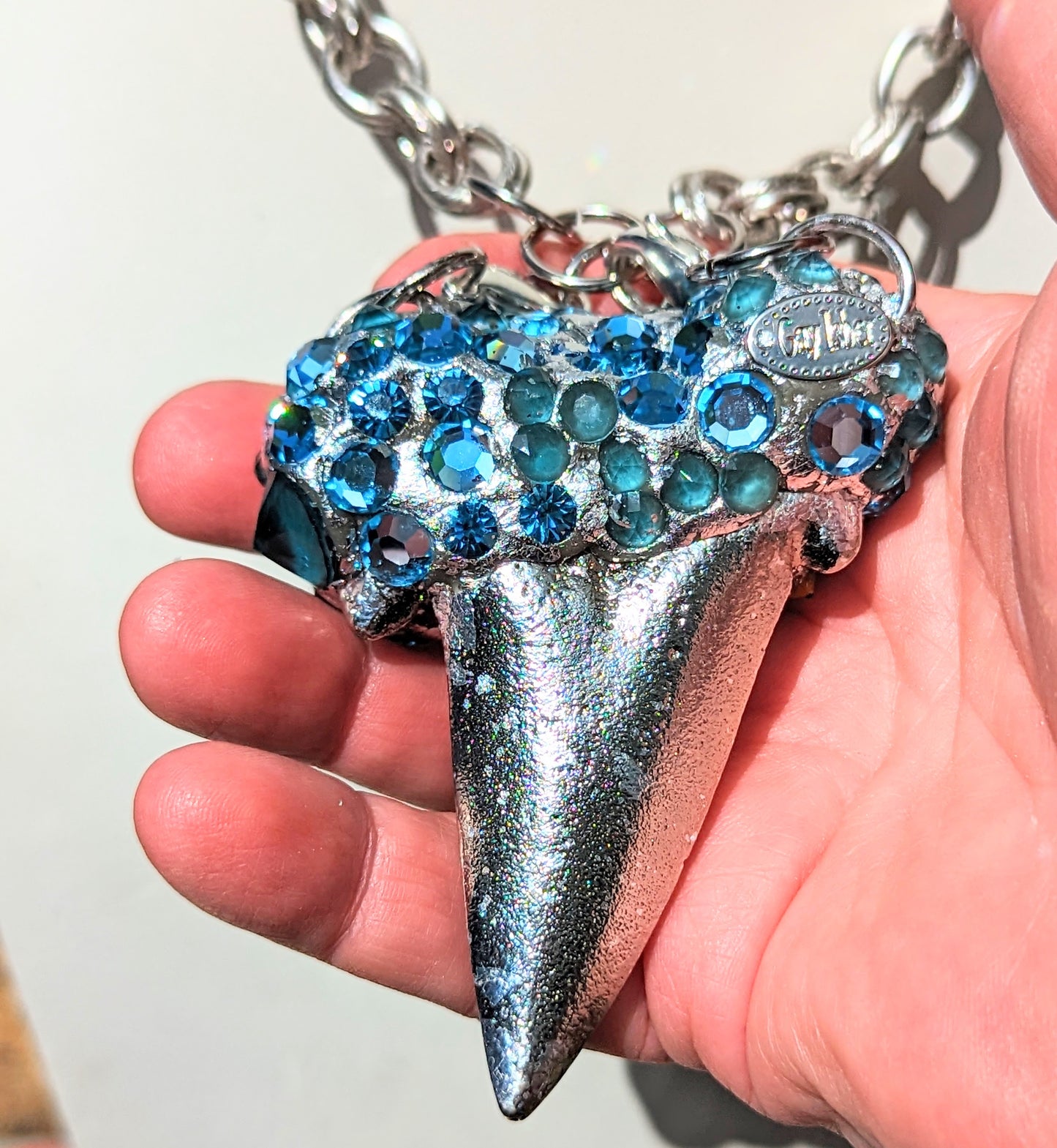 2 in 1 Necklaces 1. Shark Tooth Fossil Pendant and 2. Orchids Chromed Plated Aqua Swarovski Beach Wedding Statement Sugar Gay Isbeer