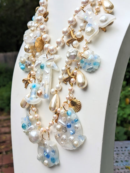 Beach Wedding Necklace Pale Blue with Vintage Pearls Bonus FREE Matching Earrings One-of-a-kind Sugar Gay Isber 3-strand