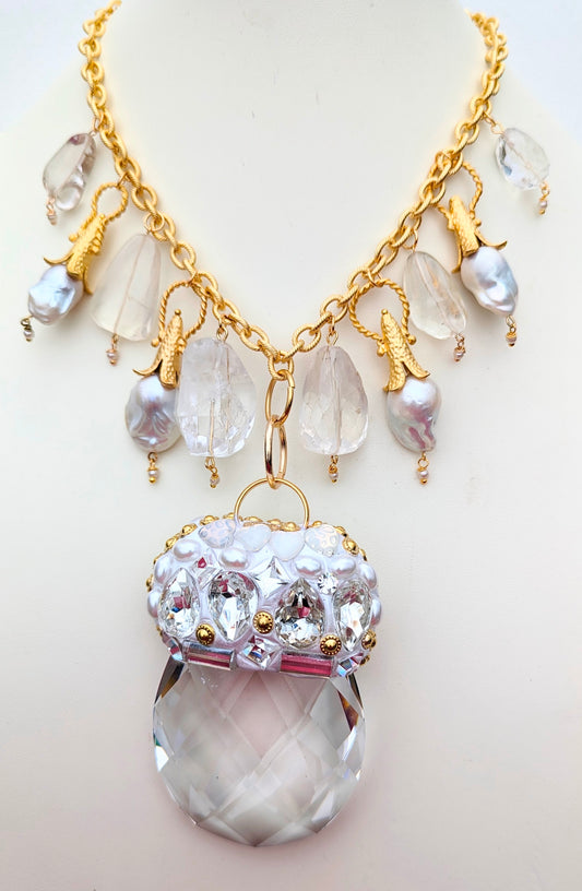 Extra large crystal drop, XL baroque pearls, Gold, Swarvoski, faceted quartz beads Sugar Gay Isber bridal necklace