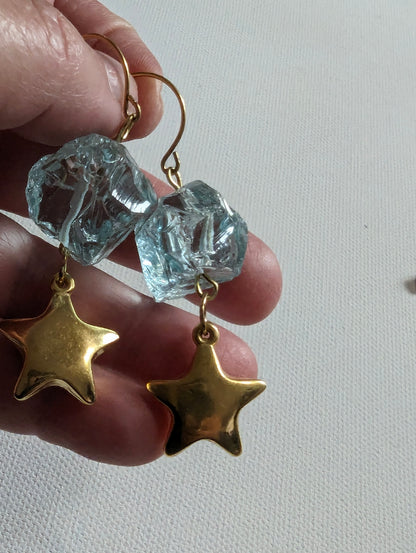 24K Gold Plated Vintage Stars + Aqua Rough Glass Nuggets Earrings USA-made Sugar Gay Isber gift bag