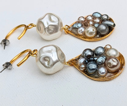 Vintage Pearl Mix Grey Cream White Classic Post Earrings Gold Plated USA Made Sugar Gay Isber