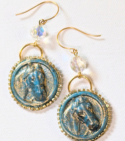 Highly Detailed Blue Gold Resin Horse Earrings 2.8 inches USA Made by Designer Sugar Gay Isber unisex-adult