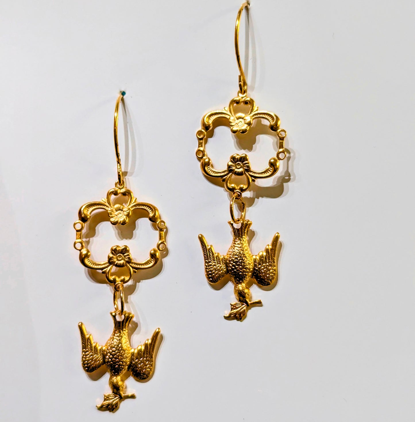 24k Gold Victorian Dove of Peace Earrings Plated 2 1/2 inch Long USA Made by Sugar Gay Isber unisex-adult