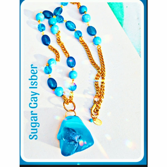 Blues inset into a gold chain with a glass pendant beach weddings Sugar Gay Isber necklace UNISEX