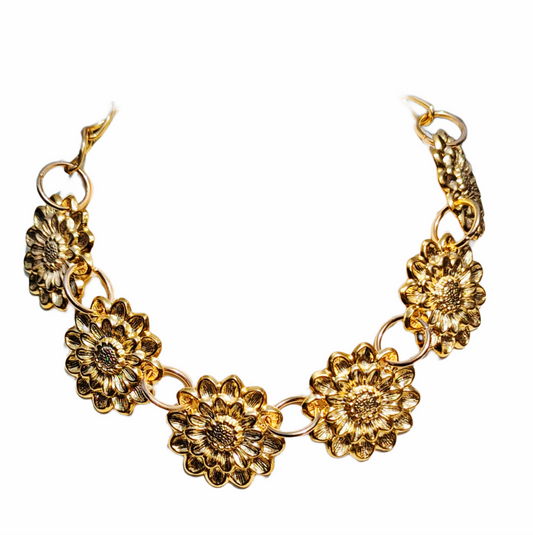 24K Gold-Plated Designer Detailed Flower Collar USA Made Sugar Gay Isber WOW Necklace Adjustable