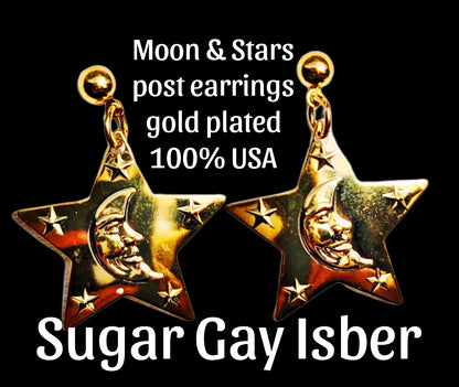 24k Gold plated Vintage Eclipse Moon and Star Post Earrings 1 inch Long USA Made by Sugar Gay Isber unisex-adult