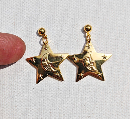 24k Gold plated Vintage Eclipse Moon and Star Post Earrings 1 inch Long USA Made by Sugar Gay Isber unisex-adult