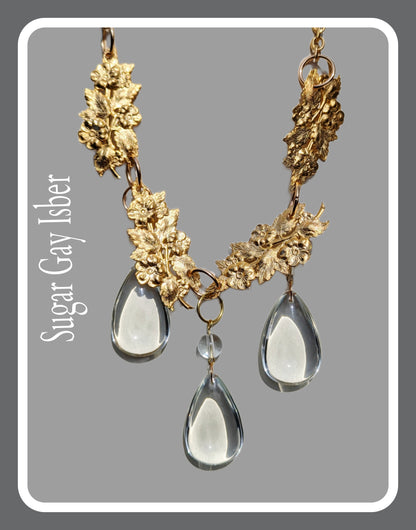 24k Gold Plated + Crystal Drops + Floral Motifs USA Made Brass Sugar Gay Isber Necklace Adjustable size to fit