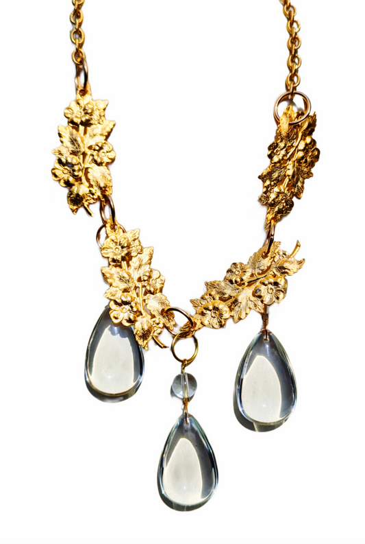 24k Gold Plated + Crystal Drops + Floral Motifs USA Made Brass Sugar Gay Isber Necklace Adjustable size to fit