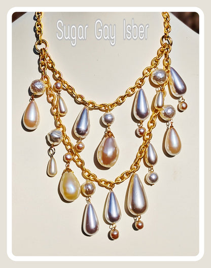 Vintage Japanese Pearls and Drops 2 Strands Gold Textured Chain 20 inches adjustable US Made Handmade Sugar Gay Isber