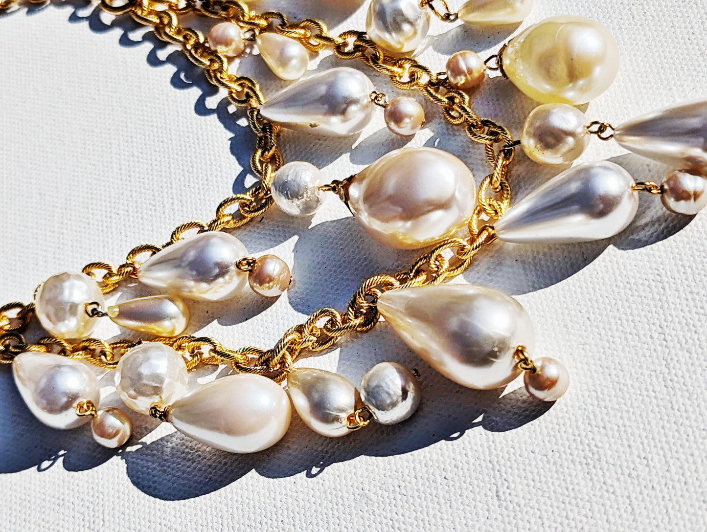Vintage Japanese Pearls and Drops 2 Strands Gold Textured Chain 20 inches adjustable US Made Handmade Sugar Gay Isber