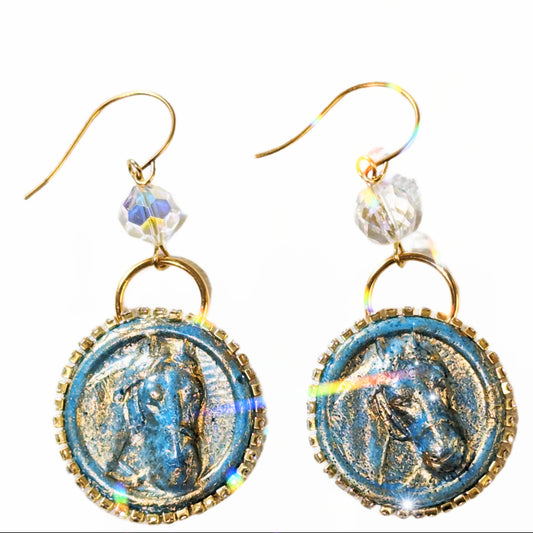 Highly Detailed Blue Gold Resin Horse Earrings 2.8 inches USA Made by Designer Sugar Gay Isber unisex-adult
