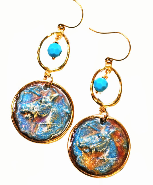 Swarovski Turquoise + Highly Detailed Blue Gold Resin Horse Earrings 3.1 inches USA Made by Designer Sugar Gay Isber unisex-adult