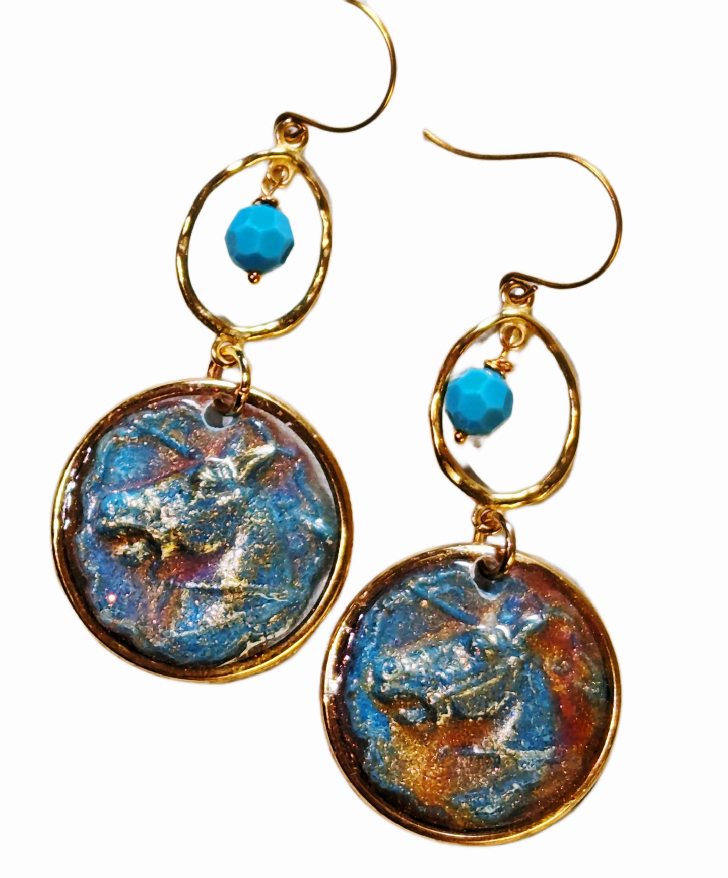 Swarovski Turquoise + Highly Detailed Blue Gold Resin Horse Earrings 3.1 inches USA Made by Designer Sugar Gay Isber unisex-adult